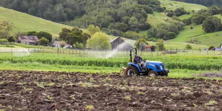 A farmer on a blue tractor plowing a vegetable field against a backdrop of green hills