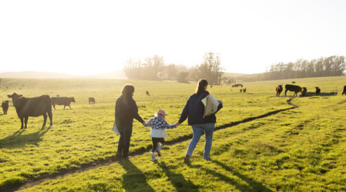 Multi-generation ranching family walking hand-in-hand across the pasture.