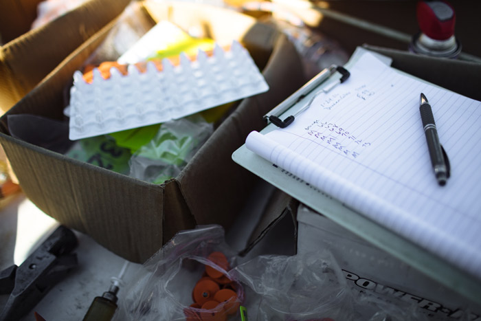 Close-up of ranch work station showing clipboard with handwritten cattle count tallies, veterinary supplies including syringes and ear tags in a cardboard tray