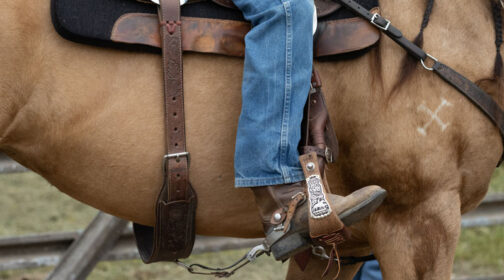 Cowboy's leg in jeans in saddle.
